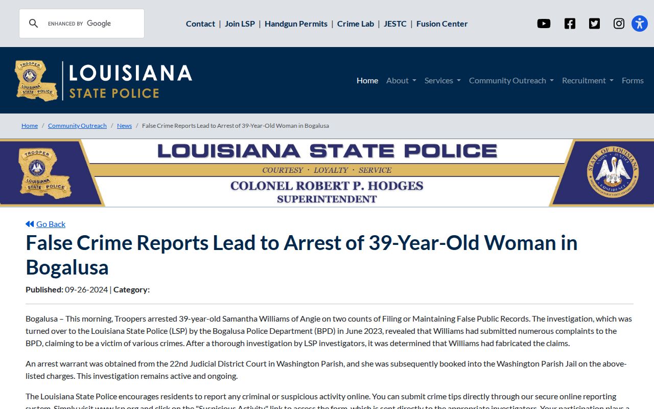 Louisiana State Police account of a Bogalusa investigation referral