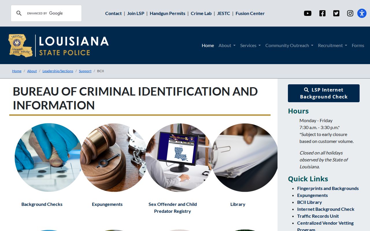 Washington Parish criminal history BCII repository overview
