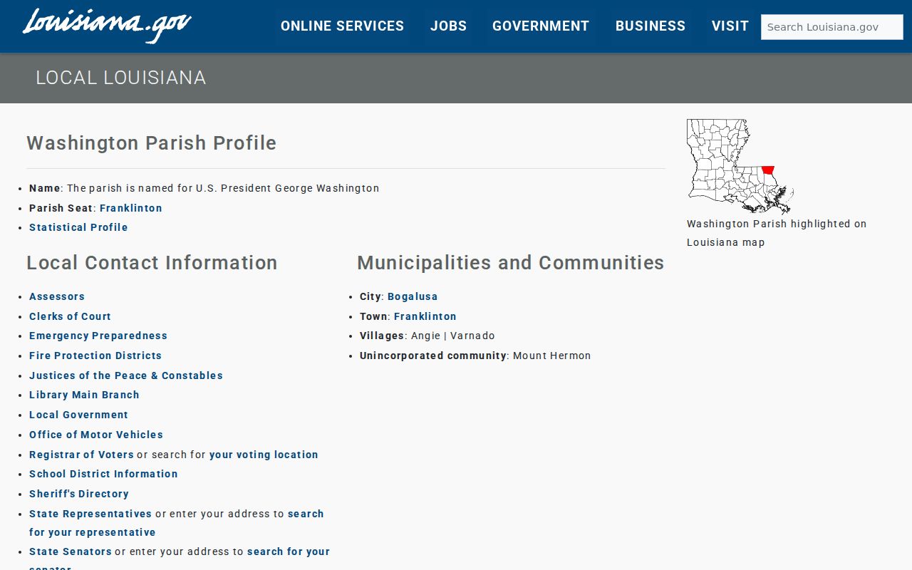 Official Louisiana profile listing Varnado among Washington Parish municipalities