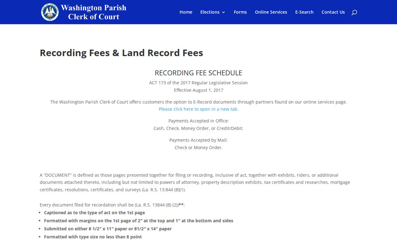 Washington Parish criminal court case fee schedule